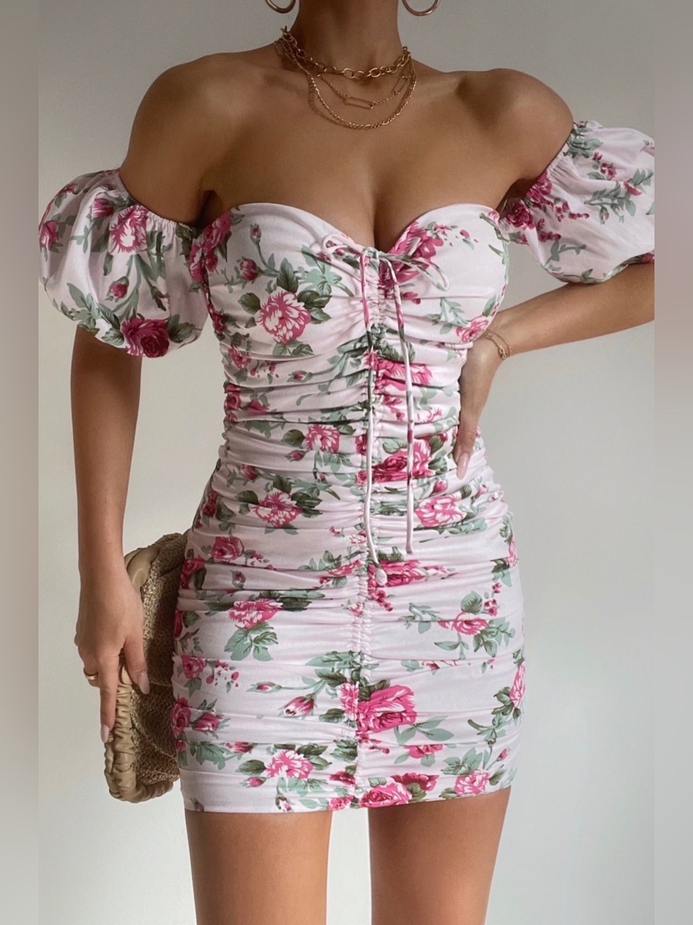 Hello Molly NWT Off-Shoulder Pink Floral Ruched Mini Dress XS